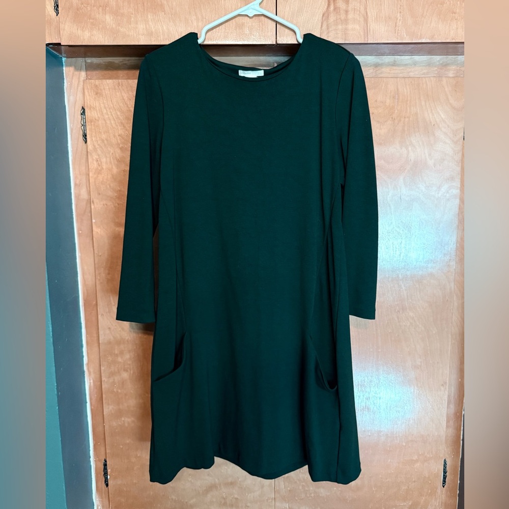 H&M Basics Dark Forest Green 3/4 Sleeve Shift Dress w/ Pockets - Sz Medium